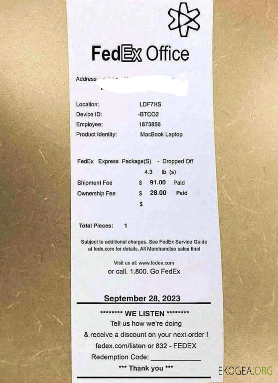 Reçu de paiement du bureau Fedex